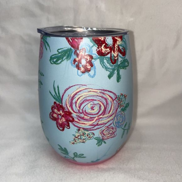 NEW Matilda Jane Be Merry Wine Tumbler Blue w/Pink Floral with Lid - Picture 4 of 8
